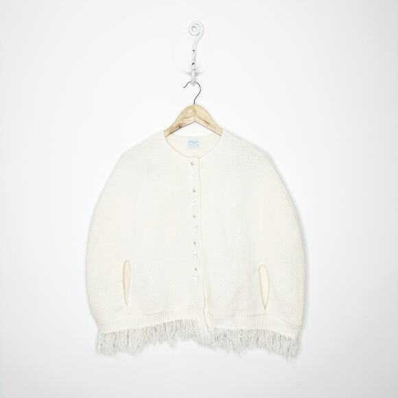 1960s Julius Berger Knit Sweater Cape Poncho One Size Acrylic Cape Pearls Bows - Picture 1 of 7